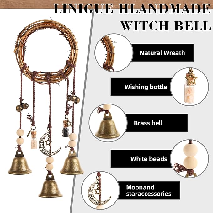 2 Pieces Witch Bells for Door Knob for Protection Hanging Bell Wind Chimes Handmade Decorative Bell for Boho Home Room Witchy Decor(Black Vintage)