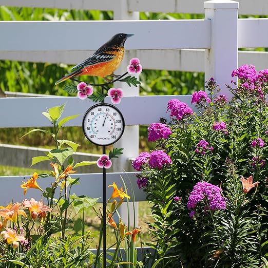 Outdoor Thermometer, 35" Tall No Battery Needed Outside Thermometer with Garden Stake, Hummingbird Wall Thermometer for Yard Patio Decor