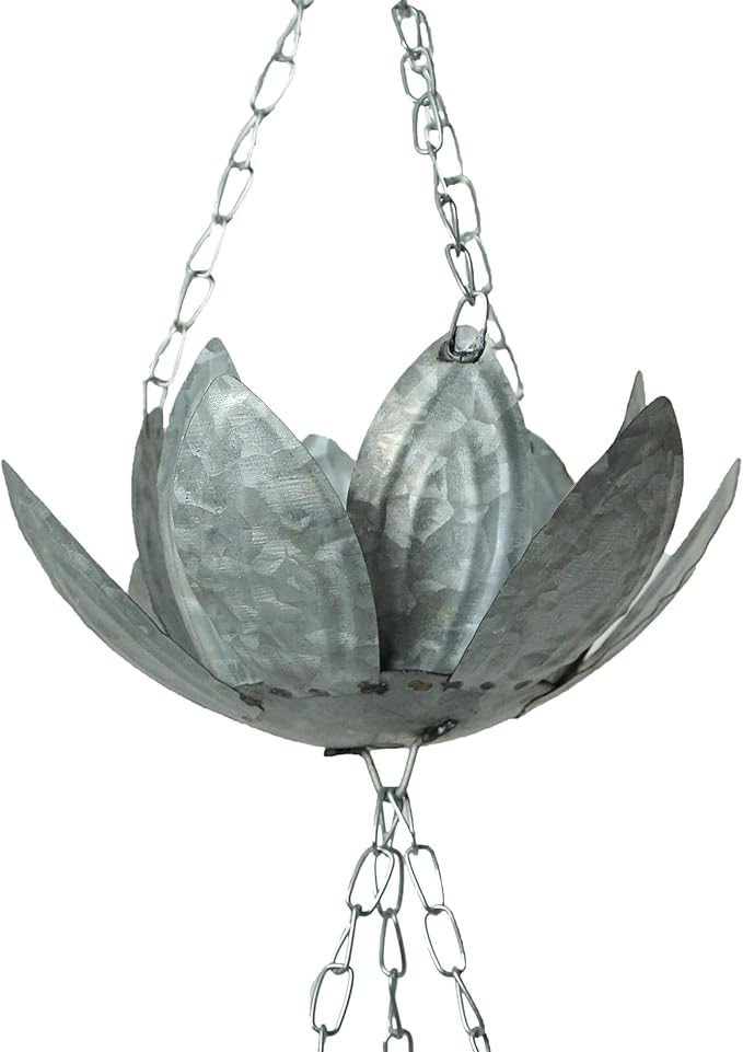 Zeckos Galvanized Grey Metal Lotus Flower Rain Chain Gutter Downspout Accent, 70 Inches Long - Installs Easily - Adding Charm and Style to Your Outdoor Space
