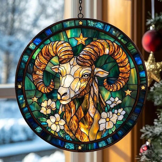 Vivid Aries Mosaic Floral Art Acrylic Suncatcher Stained Glass Effect Window Car Hanging Christmas Ornament Indoor Outdoor Decor Garden Sun Catcher Panel for Zodiac Lover for Women Mom Grandma