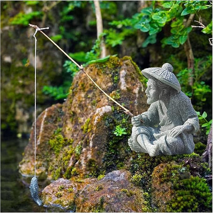 livelyfish Mini Fisherman Statue Asian Zen Decoration Sitting Fishing Figurines Sandstone Vintage Ornament for Aquarium Fish Tank Pot Garden Home Japanese Decor (A)