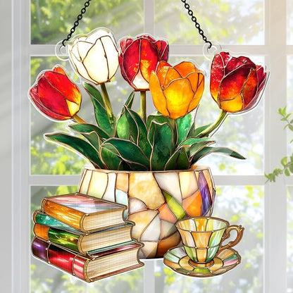 Jesuspirit - Window Hanging Suncatcher – Crystal Clear Acrylic & Wood Sun Catcher for Home Decor, for Women (Nostalgic Tulips, Books, and Tea -, 8 Inches)