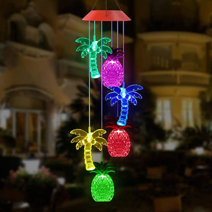 Solawindchime Coconut Tree Pineapple Wind Chimes Gifts for Women, Color Changing Solar Wind Chime Outdoor Waterproof Solar Lights, Romantic Coconut Pineapple Solar Powered Wind Chime Garden Decoration
