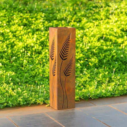 Rusted Metal Garden Column Outdoor Yard Art Decor, Weathered Steel Landscape Sculpture for Pathway Driveway Patio Lawn with Honeycomb Cutout Design with LID ON TOP
