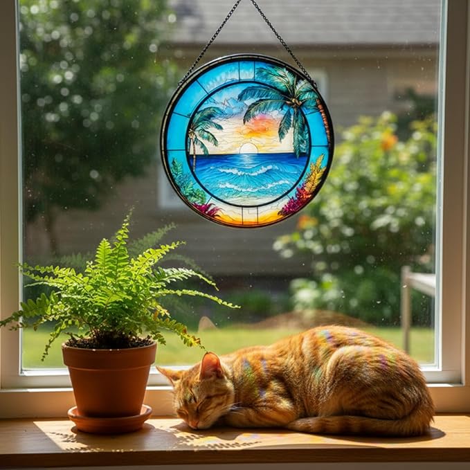 RIVEENY Blue Ocean Sunset Glass Window Hanging Decor,8" Stained Glass Sun Catcher Hanging Decoration with Metal Chain-Sun Catchers for Window Decor Outdoor Garden Decor Gift (Oceans)