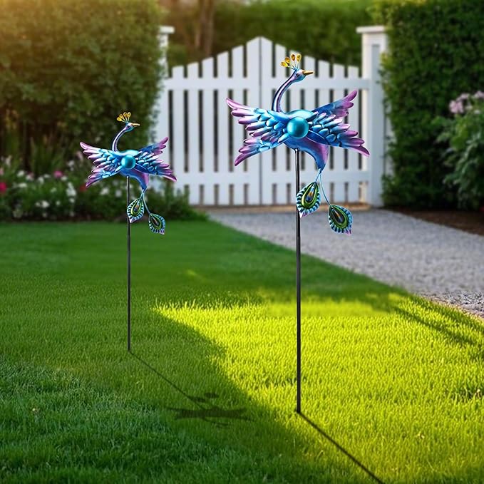 WONDER GARDEN Wind Spinners Outdoor - 2 Pack Small Metal Blue Peacock Wind Spinner Windmill, Wind Sculpture for Yard Patio Lawn Decor