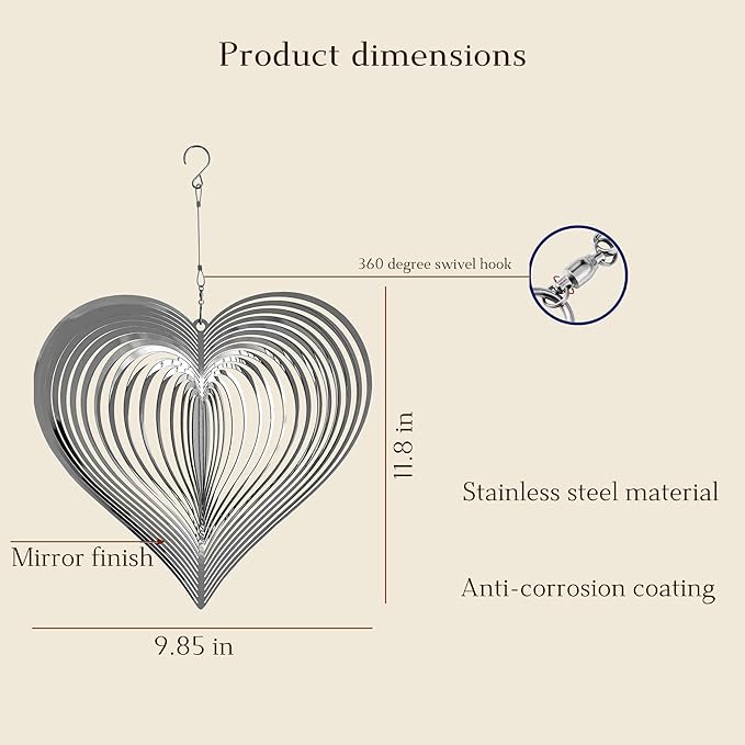 3D Stainless Steel Wind Spinner – 11.8" Hanging Garden Wind Spinner for Outdoor & Indoor Decor | Kinetic Metal Yard Art for Patio, Balcony, Porch or Living Room - Easy Installation (Heart)