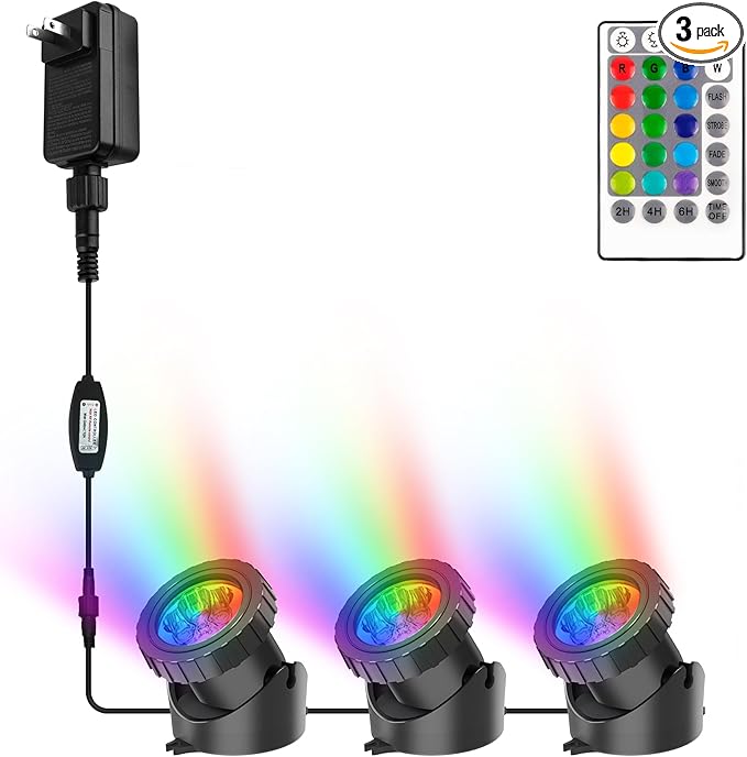 RGB Pond Lights with Timer, LED Underwater Submersible Colorful Landscape Spotlights, 98ft Remote Control IP68 Waterproof Fountain Lights for Fish Aquarium Tank Garden Yard Pool (Set of 3)
