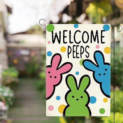 Welcome Peeps Easter Garden Flag Cute Bunny Easter Dot Garden Flag Decor Spring Double Sided House Flag for Outside Yard Decorations 12×18 Inch