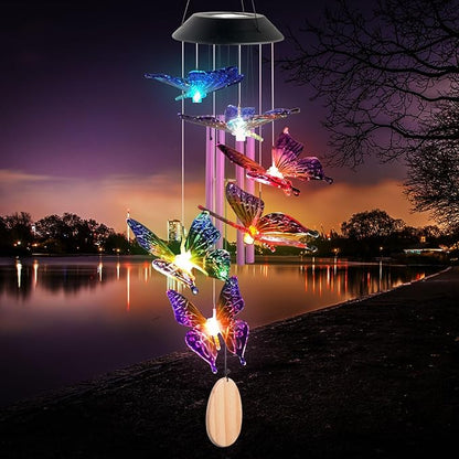 Solar Butterfly Wind Chimes for Outside, 6 Gold Jingle Bells & S Hook, Color Changing Windchimes Outdoor, Patio Yard Decor, Waterproof Gardening Gifts for Mom Women Birthday Housewarming Chimes Gift