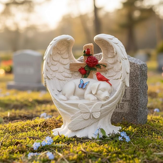Dog Memorial Stone with Angel Wings Cross Roses Cardinal Butterfly, Pet Grave Markers Sleeping Waterproof Loss of Dog Sympathy Gift for Outdoor Cemetery 6 Inch
