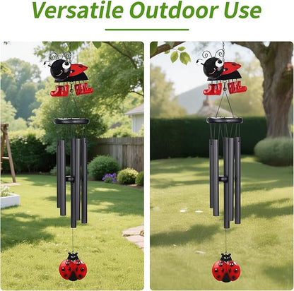 Ladybug Wind Chimes for Outside Metal Cute Beetle with Spinning Feet, Black Aluminum Tubes, Garden Yard Hanging Decor Wind Chimes, for Women, Men, Kids and Nature Lovers