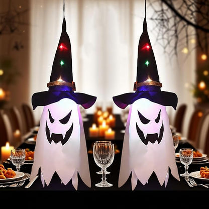 Glowing Ghost Witch Hat Halloween Decorations, Hanging String Lights with 3Modes, Easter Outdoor/Indoor Scary Decor, Double-Sided Ghost Face Ornaments for Tree, Yard, Haunted Trails, Party, 2 Pcs