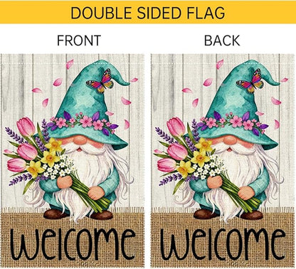 Welcome Garden Flag 12x18 Inch Double Sided with Spring Gnome, Butterfly, Tulips, Daffodils, and Floral Bouquet for Outdoor Yard Decoration