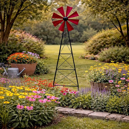 Glitzhome Wind Spinners Outdoor Windmill, 44 Inch Red Metal Wind Spinner Yard Stake with Hand Painted Glossy Finish, Outdoor Garden Lawn Patio Flowerbed Decor