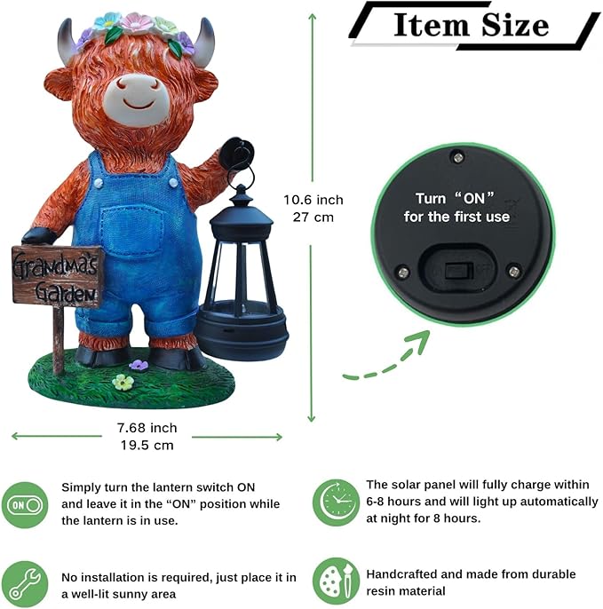 Solar Highland Cow Outdoor Statues | Outdoor Highland Cow Decorations for Patio Yard Lawn Ornaments, Gifts for Mom/Grandma Birthday Housewarming, Grandma's Garden