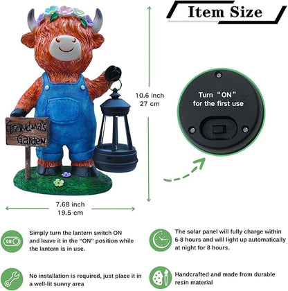 Solar Highland Cow Outdoor Statues | Outdoor Highland Cow Decorations for Patio Yard Lawn Ornaments, Gifts for Mom/Grandma Birthday Housewarming, Grandma's Garden