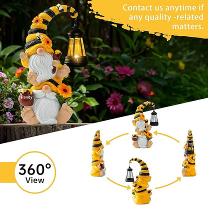 Solar Bee Garden Gnomes with LED Lantern – Waterproof Stacked Outdoor Decor for Yard, Patio – Unique Gnome Gift for Women, Mom, Grandma (Weatherproof Resin, Outdoor Statues)