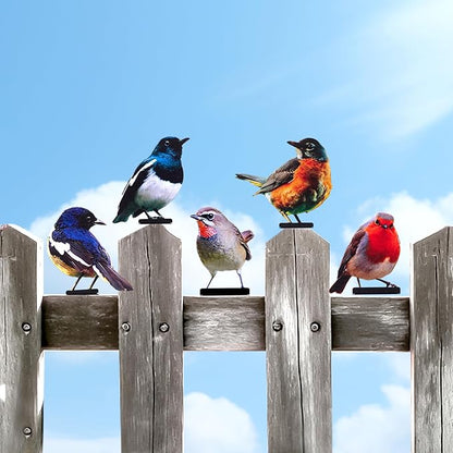 HUYIENO 5PCS Vivid Metal Birds Fence Decor 2D Color Painted Outdoor Garden Natural Bird Sculptures for Outdoor Fences, Patio, Garden and Bird Lovers