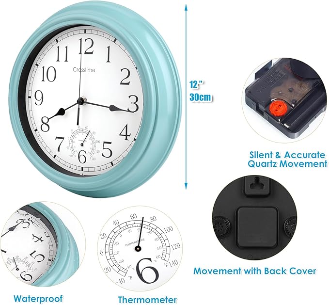Crosstime 12 Inch Outdoor Clock Waterproof with Thermometer,Vintage Indoor Outdoor Wall Clocks for Patio, Pool, Garden, Bathroom Wall Decor - Teal