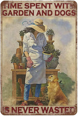 Metal Tin Vintage Sign Gardening Metal Poster Time Spent with Garden and Dogs is Never Wasted Art Print, Lovely Girl and Dogs Garden Wall Decor Vintage Aluminum Sign 12x8 inhces