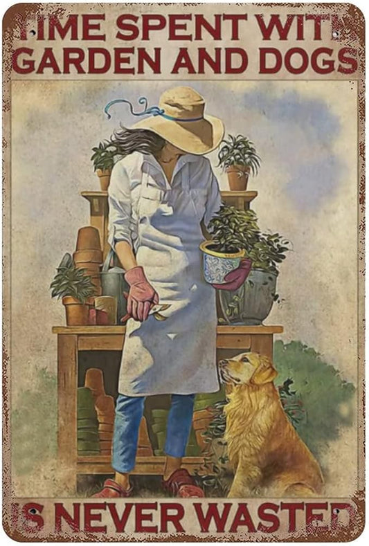 Metal Tin Vintage Sign Gardening Metal Poster Time Spent with Garden and Dogs is Never Wasted Art Print, Lovely Girl and Dogs Garden Wall Decor Vintage Aluminum Sign 12x8 inhces