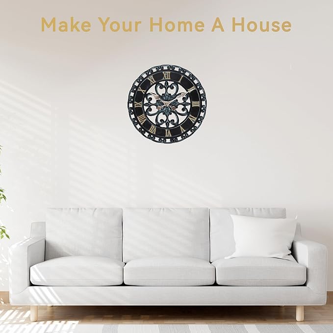 Lily's Home Hanging Verdigris Wall Clock, Ideal for Indoor or Outdoor Use, Makes a Great Housewarming Gift, Black (13.5 Inches)