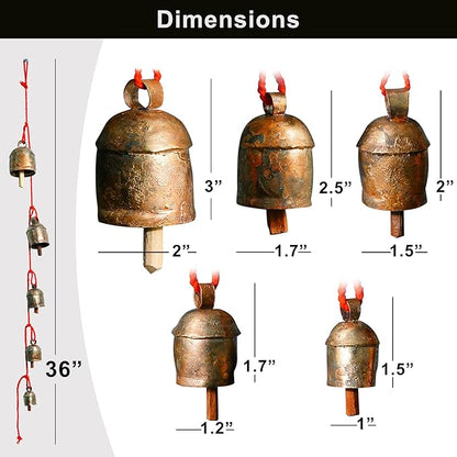Handmade Rustic Wind Chimes with 5 Brass-Coated Metal Bells (30") – Boho Hanging Bell for Outdoor Patio, Lawn, Balcony, Garden, Door, Farmhouse & Vintage Christmas Decor