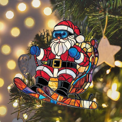 Funny Santa Claus Skiing Acrylic Suncatcher Stained Glass Effect Window Car Hanging Christmas Ornament Indoor Outdoor Decor Garden Sun Catcher Panel for Christmas Lover for Women Mom Grandma