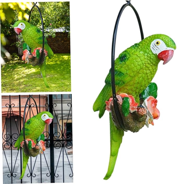 Hanging Parrot Garden Decor Resin Parrot Outdoor Decor Parrot on Perch Garden Sculpture Parrot Statue for Outdoor Garden Decorations Green Garden.