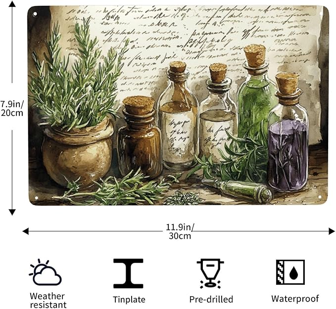 Cafemira Metal Signs,Vintage Collage of Herbs & Apothecary Jars,Charm tin sign Art Wall Decor,For Living Room,office,studio,cafe,Garden,Yard,Patio,unique artistic plaque poster,8x12 Inch