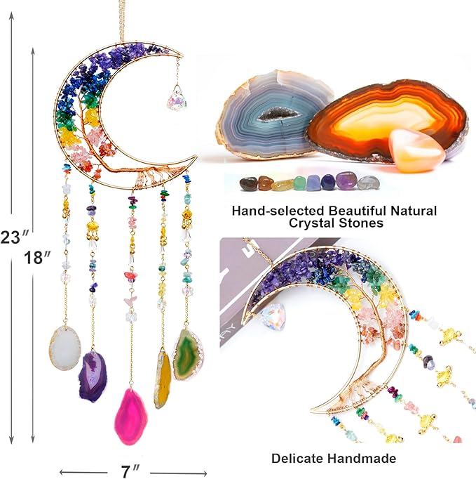 7 Chakra Crystal Wind Chimes, Moon Shaped Dream Catcher, Sun Catchers, Healing Crystal Decor, Reiki, Feng Shui Metal Art Wall Decor for Room, Bedroom, Home, Unique Gifts for Women for Good Luck