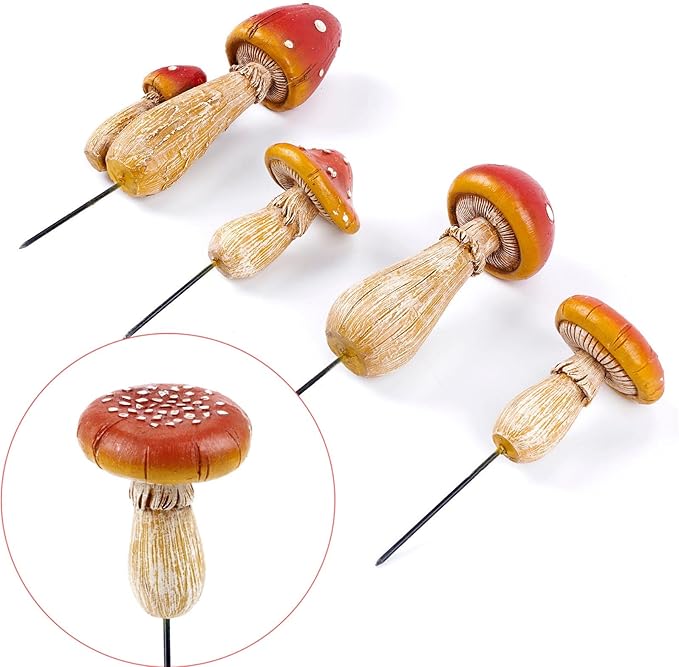 Mushroom Decor - Fairy Garden Accessories Outdoor Spring Patio Decoration 4 PCS Mushroom Statues with Stakes (Red2+Orange2)