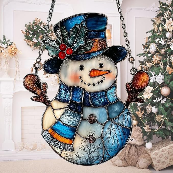 Snowman Cute Mistletoe Winter Scarf Acrylic Suncatcher Stained Glass Effect Window Car Hanging Christmas Ornament Indoor Outdoor Decor Garden Sun Catcher Panel for Women Mom Grandma