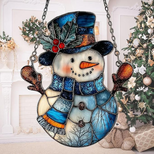 Snowman Cute Mistletoe Winter Scarf Acrylic Suncatcher Stained Glass Effect Window Car Hanging Christmas Ornament Indoor Outdoor Decor Garden Sun Catcher Panel for Women Mom Grandma