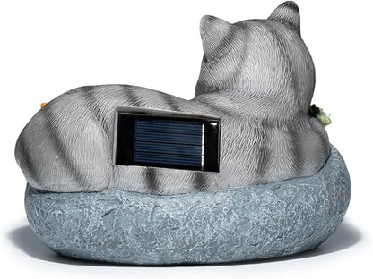 basen Solar Sleeping Cat Outdoor Garden Decor, Resin Cat Figurine with Colorful Succulent Flowers, Solar Powered LED Light, Waterproof Yard Lawn Patio Ornament, Cute Animal Gift for Home Garden
