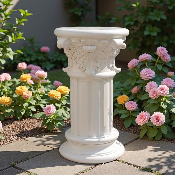 English Rosette Indoor Outdoor Sculptural Garden Plinth Base Statue Riser, Weatherproof Sturdiness Plinth Base Statue Riser for Statues, Flower Pots, Decor, Cast Stone Resin, Antique Stone Finish (D-)