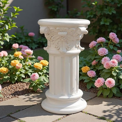 English Rosette Indoor Outdoor Sculptural Garden Plinth Base Statue Riser, Weatherproof Sturdiness Plinth Base Statue Riser for Statues, Flower Pots, Decor, Cast Stone Resin, Antique Stone Finish (D-)