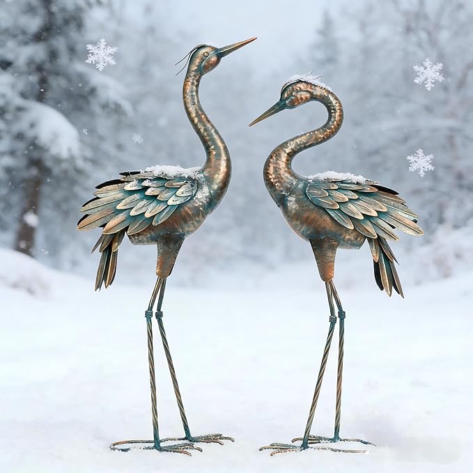 Shorayn Metal Crane Garden Statue, Garden Sculptures & Statues, Bronze Crane Ornaments Yard Art for Backyard Patio Lawn Decorations