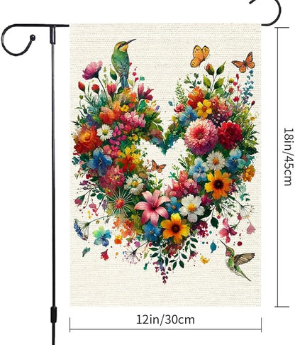 Colorful Floral Love Hearts Garden Flag 12x18 Inch Double Sided Small Burlap Birds Flowers Butterflies Outdoor Decorations Spring Summer Garden Flags Patio Yard Outside Decor