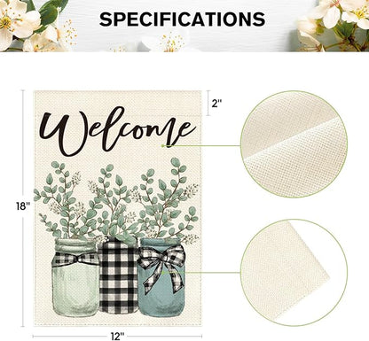 AVOIN colorlife Eucalyptus Mason Jar Spring Summer Garden Flag 12x18 Inch Double Sided Outside, Buffalo Plaid Welcome Yard Outdoor Flag