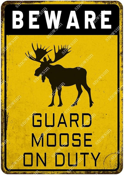 snowsun Beware Guard Moose on Duty Funny Metal Signs Vintage Tin Sign for Home Yard Farm Street Fence Wall Decoration 8×12 Inches