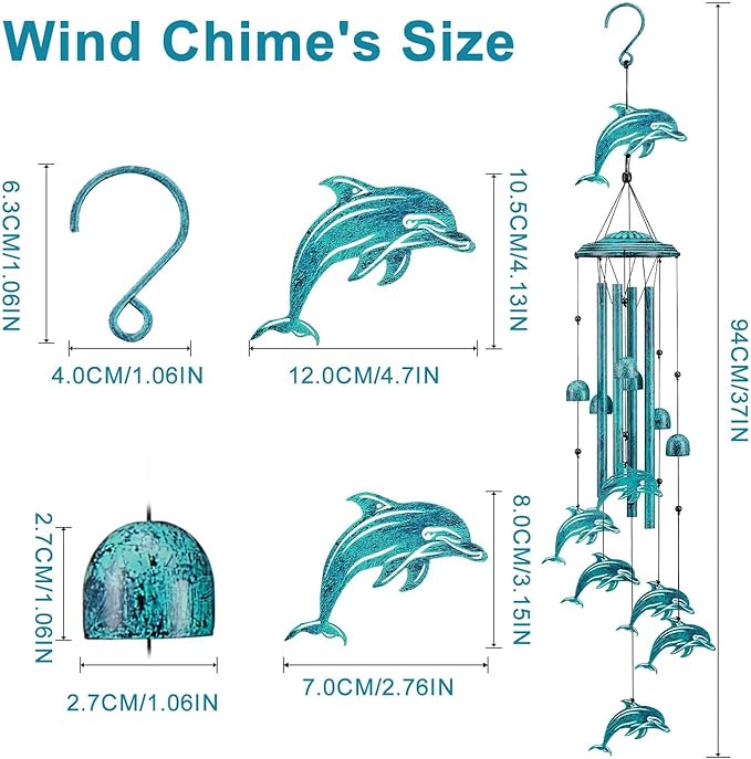 Dolphin Wind Chimes for Outside, Dolphin Gifts for Women Men Mom Grandma Birthday, 37" Windchimes Hanging Outdoors Garden Decor, Home Patio Garden Porch Yard Decorations (Blue-Dolphin)