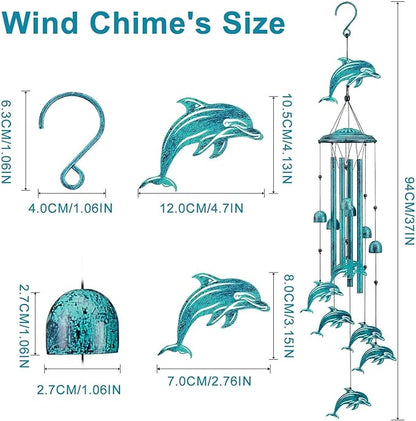 Dolphin Wind Chimes for Outside, Dolphin Gifts for Women Men Mom Grandma Birthday, 37" Windchimes Hanging Outdoors Garden Decor, Home Patio Garden Porch Yard Decorations (Blue-Dolphin)