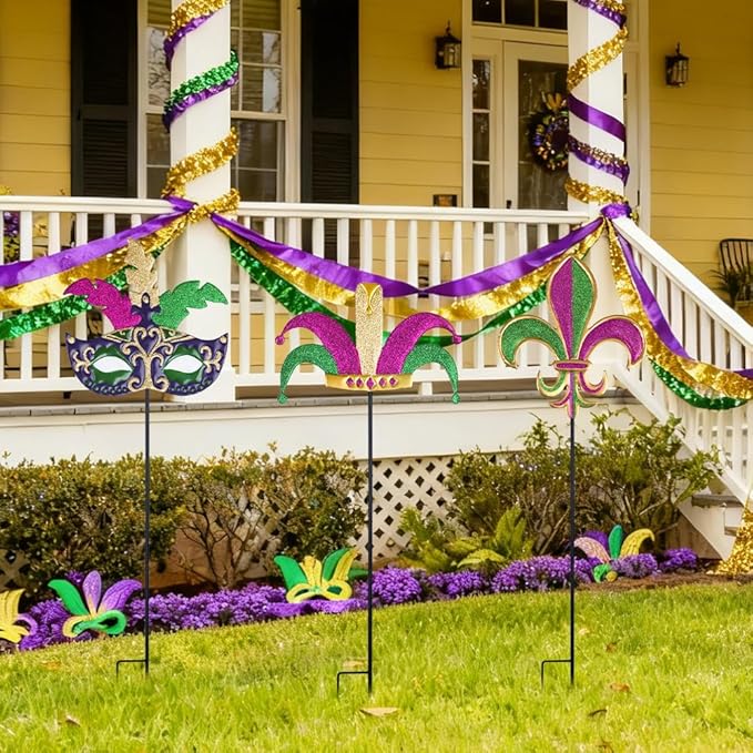 hogardeck Mardi Gras Outdoor Decorations, Set of 3 Metal 36" Decorative Garden Stakes with Mask Fleur-de-lis Jester's Hat for Mardi Gras Decor, Glitter Yard Sign for Outside Lawn Porch Backyard Party