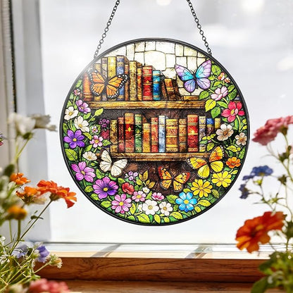 Butterfly Bookshelf Stained Glass Window Hanging – Round Floral Suncatcher with Chain, Colorful Glass Ornament for Reading Room Home Garden Decor Gift, 8 Inch