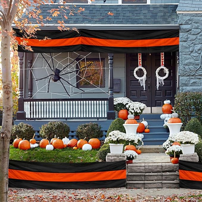 Fall Bunting Thanksgiving Day Décor Autumn Banner Halloween Bunting Flag- 3 Stripe Orange & Black Bunting Flags Trick or Treat Decor Outside Wall Garden Porch Indoor Home - 24" x 240"