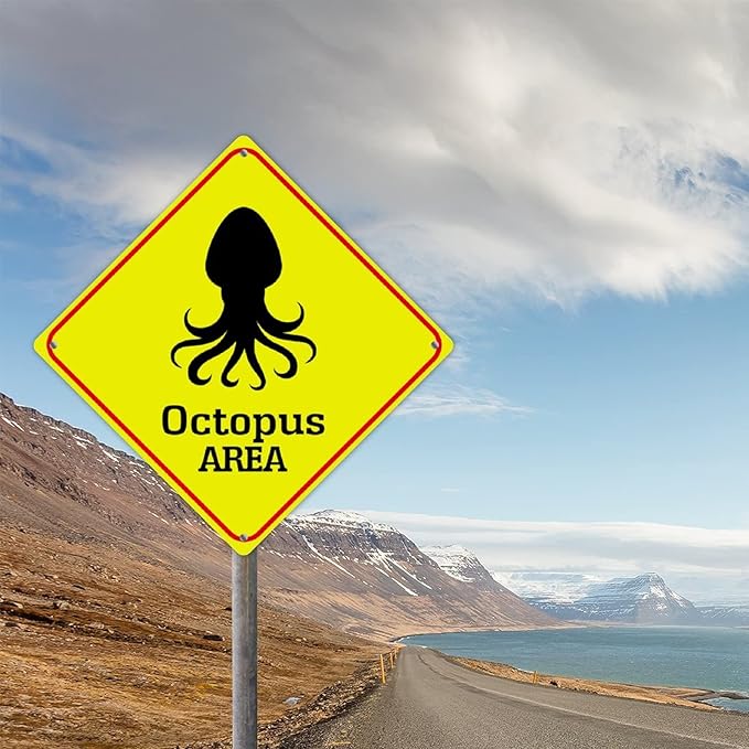 Octopus Crossing Sign Caution OctopusXing Sign Street Sign Wildlife Novelty Road Fence Wall Decor Warning Metal Tin Sign For Indoor Outdoor 12x12in