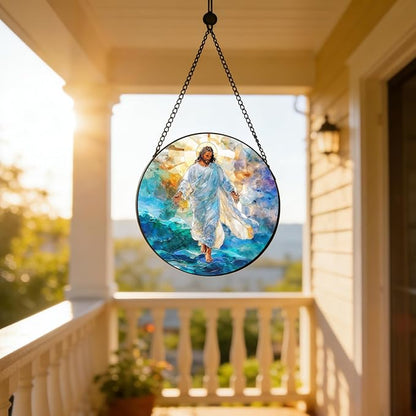 7.88'' Jesus Stained Glass Window Hanging,Christian Jesus Suncatchers Stained Glass Hanging with Hook Chain for Window, Sun Catchers Home Decor for Mother's Day Birthday for Women, Men, Wife, Mom