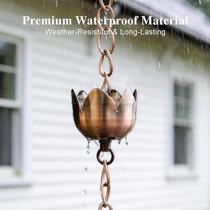 DUSVALLY Rain Chain, 5.85 FT Lotus Metal Rain Chain, Functional and Decorative Replacement for Gutter Downspouts, Divert Water and Home Display, Adjustable, Antique Brown